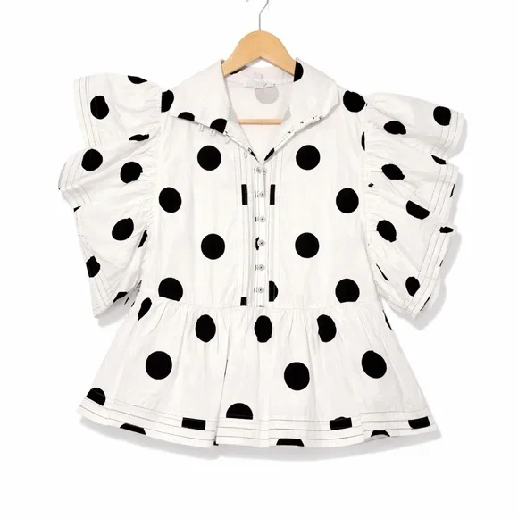 NWOT!! BUCKETLIST 100% Cotton Ruffled Short Sleeve White/Black Polka Dot Blouse - Picture 2 of 7
